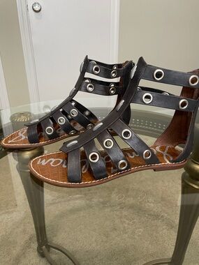 Sam Edelman Dark Grey Gladiator Sandals with Silver Eyelets